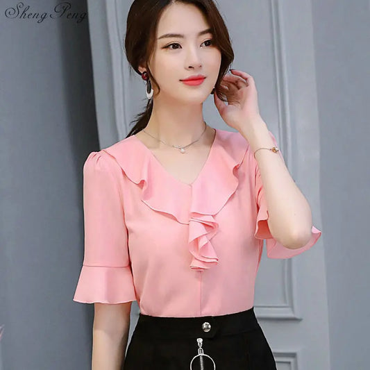 Women’s Short Sleeve Ruffles Chiffon Blouse