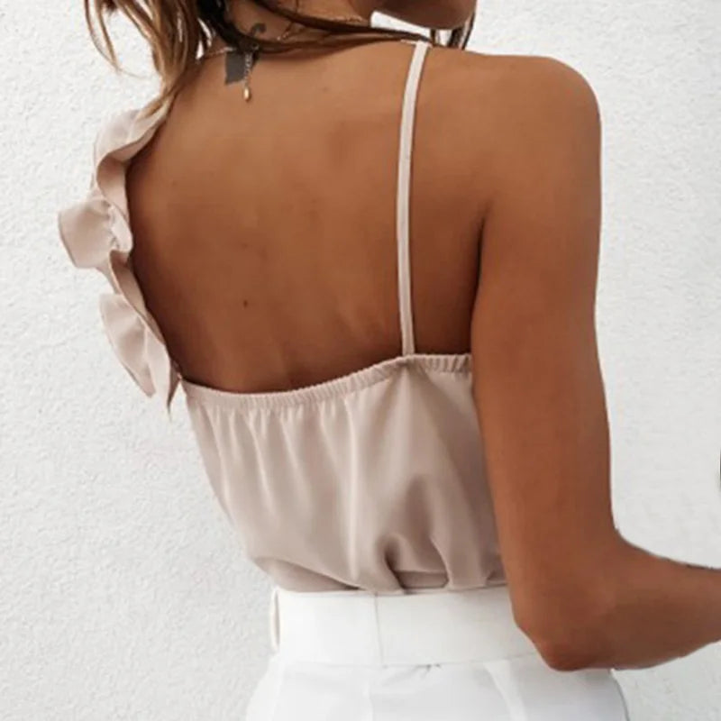 Women V Neck Ruffle Backless Spaghetti Strap  Blouses