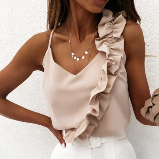 Women V Neck Ruffle Backless Spaghetti Strap  Blouses