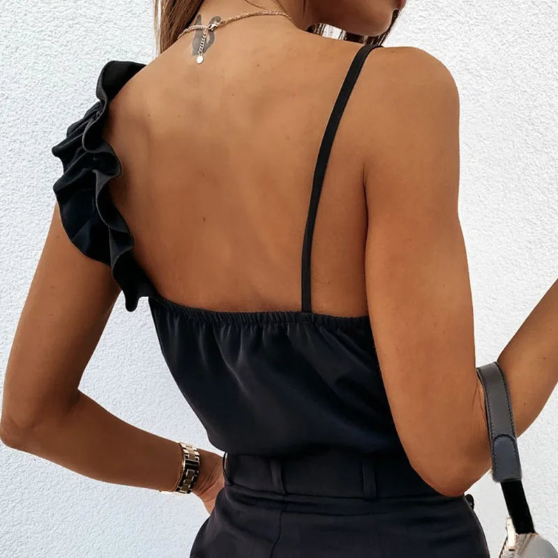 Women V Neck Ruffle Backless Spaghetti Strap  Blouses