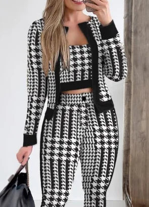 3 Piece Set Plaid Print Crop Top & Pants Set