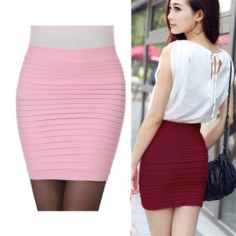 Elastic Pleated High Waist Bodycon Mini Skirt