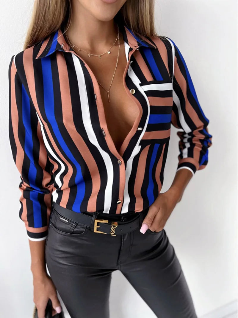 Casual Striped Button Up Blouses