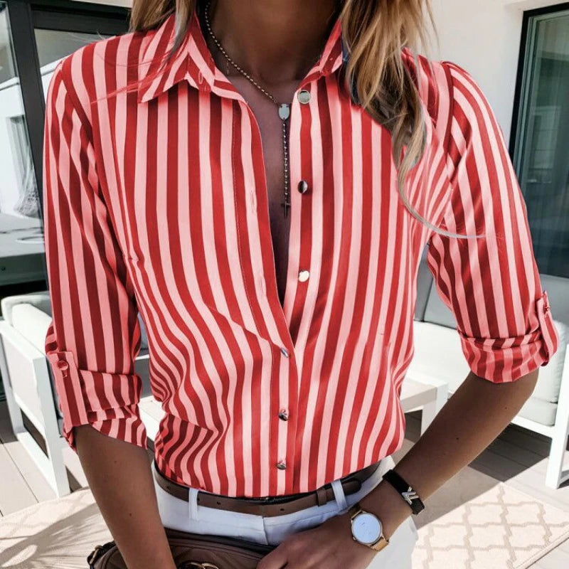 Casual Striped Button Up Blouses