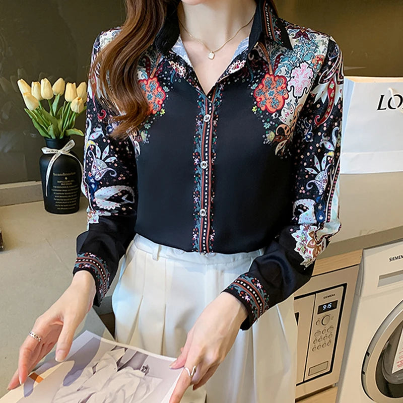 Flower print long sleeve button down blouse