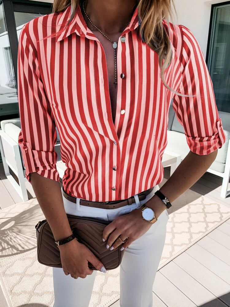 Casual Striped Button Up Blouses