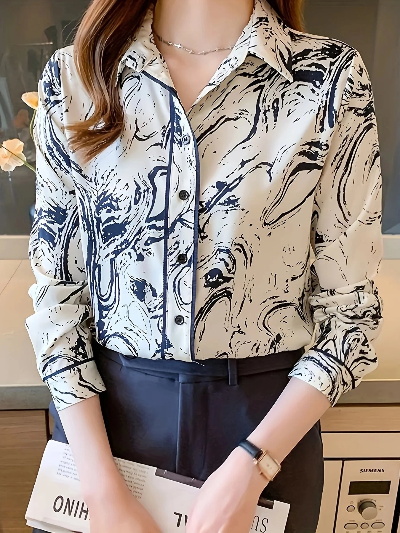 Flower print long sleeve button down blouse