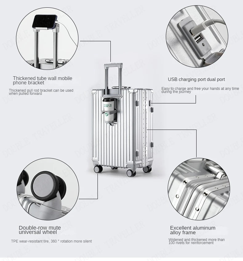 Aluminum frame travel password business USB rolling luggage case