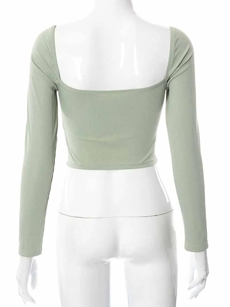 Dozw Hollow-Out V-neck Long Sleeve Crop Top