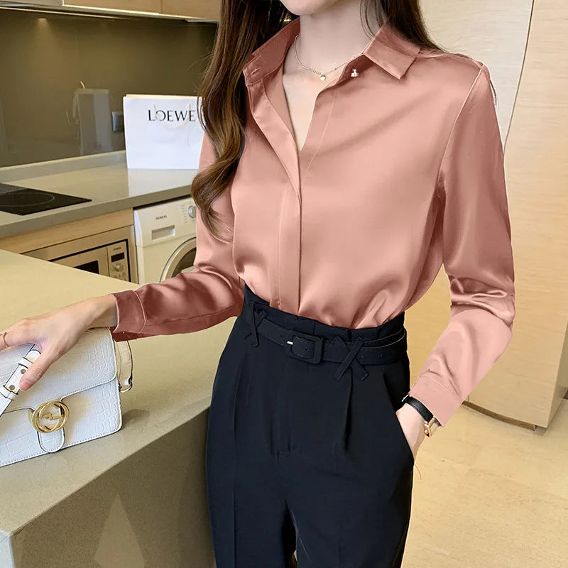 Satin Women's Shirt Long Sleeve Blouse