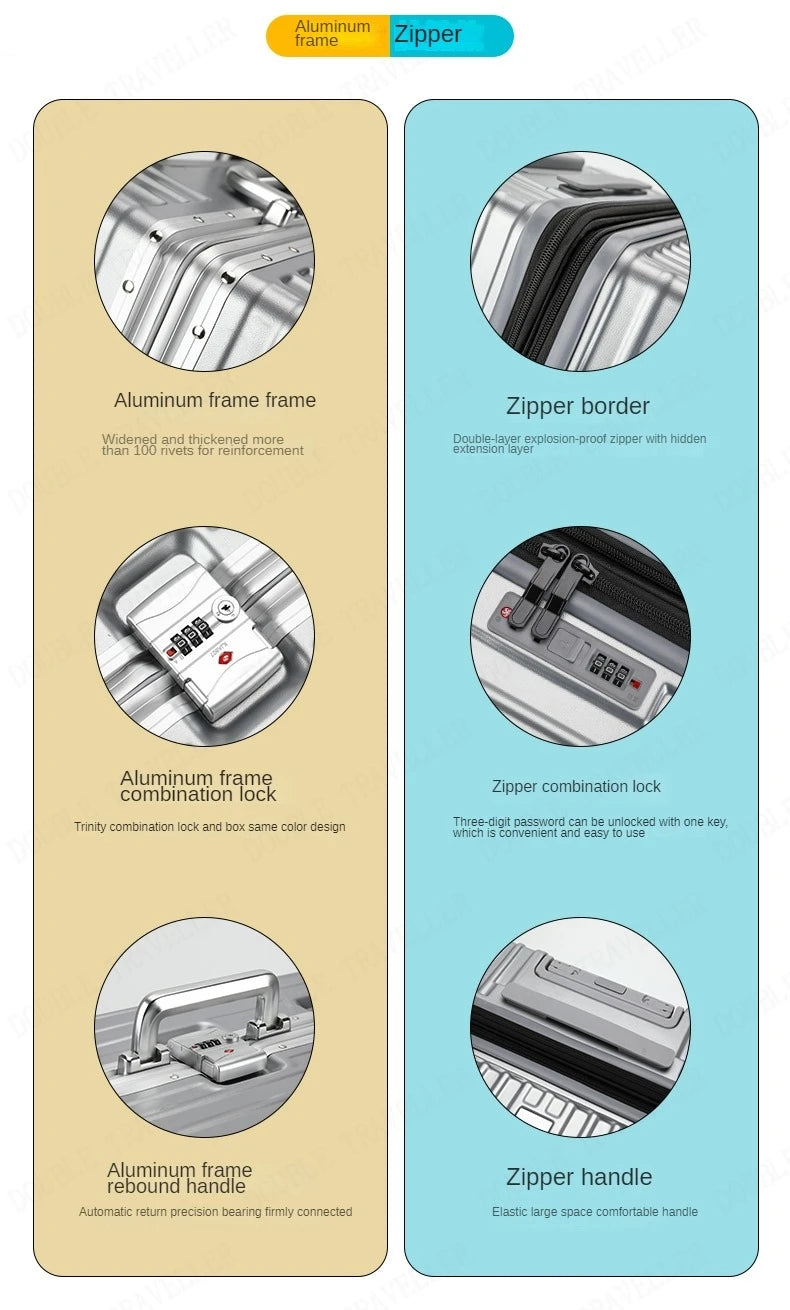 Aluminum frame travel password business USB rolling luggage case