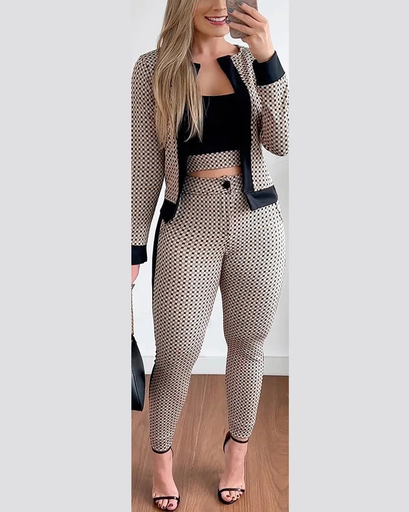 3 Piece Set Plaid Print Crop Top & Pants Set