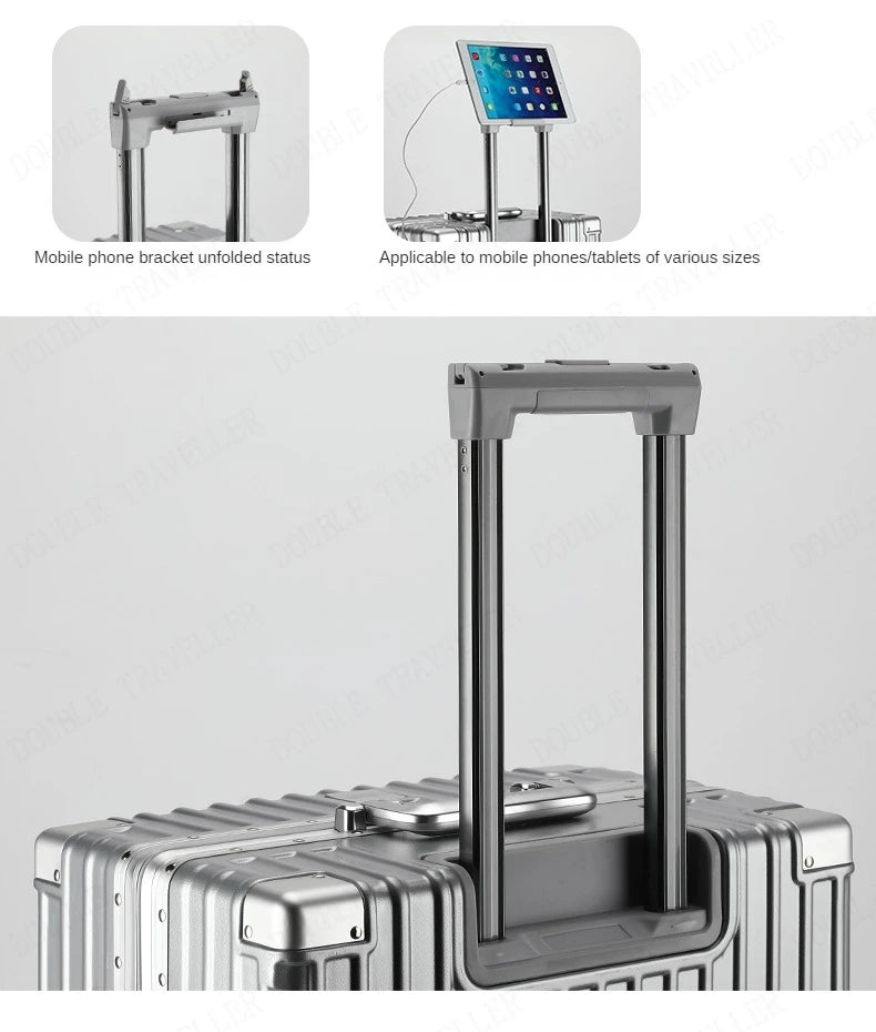 Aluminum frame travel password business USB rolling luggage case