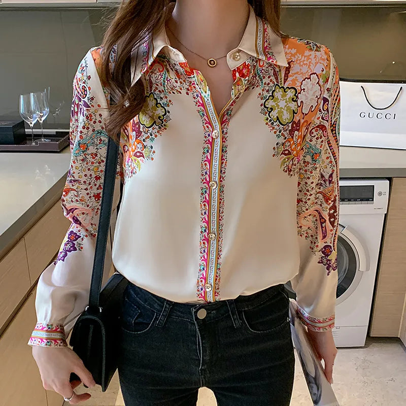 Flower print long sleeve button down blouse